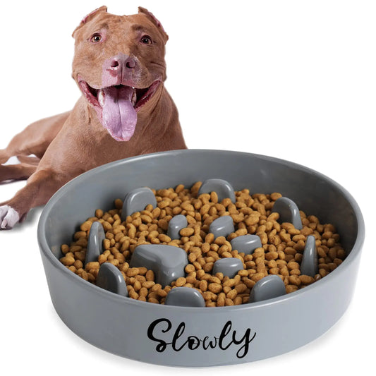 Slow Feeder Dog Bowls Farmhouse Ceramic Fun Slow Eater Bowl for Small Medium Breed Grey